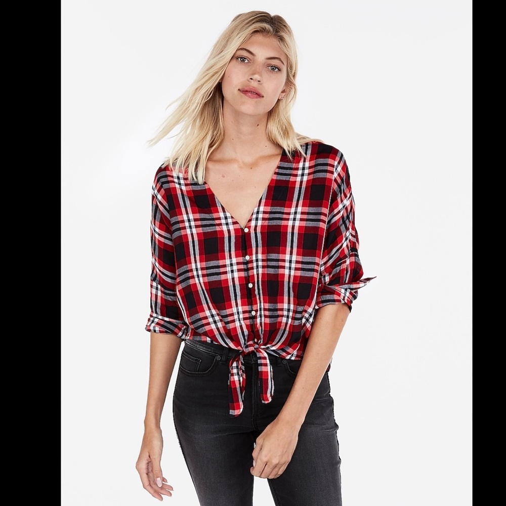 Express Plaid Tie Hem Long Sleeve Shirt - (size M)